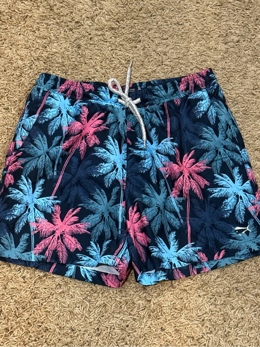 Boys Navy Palm-Print swim trunks with Pink & Teal Palms